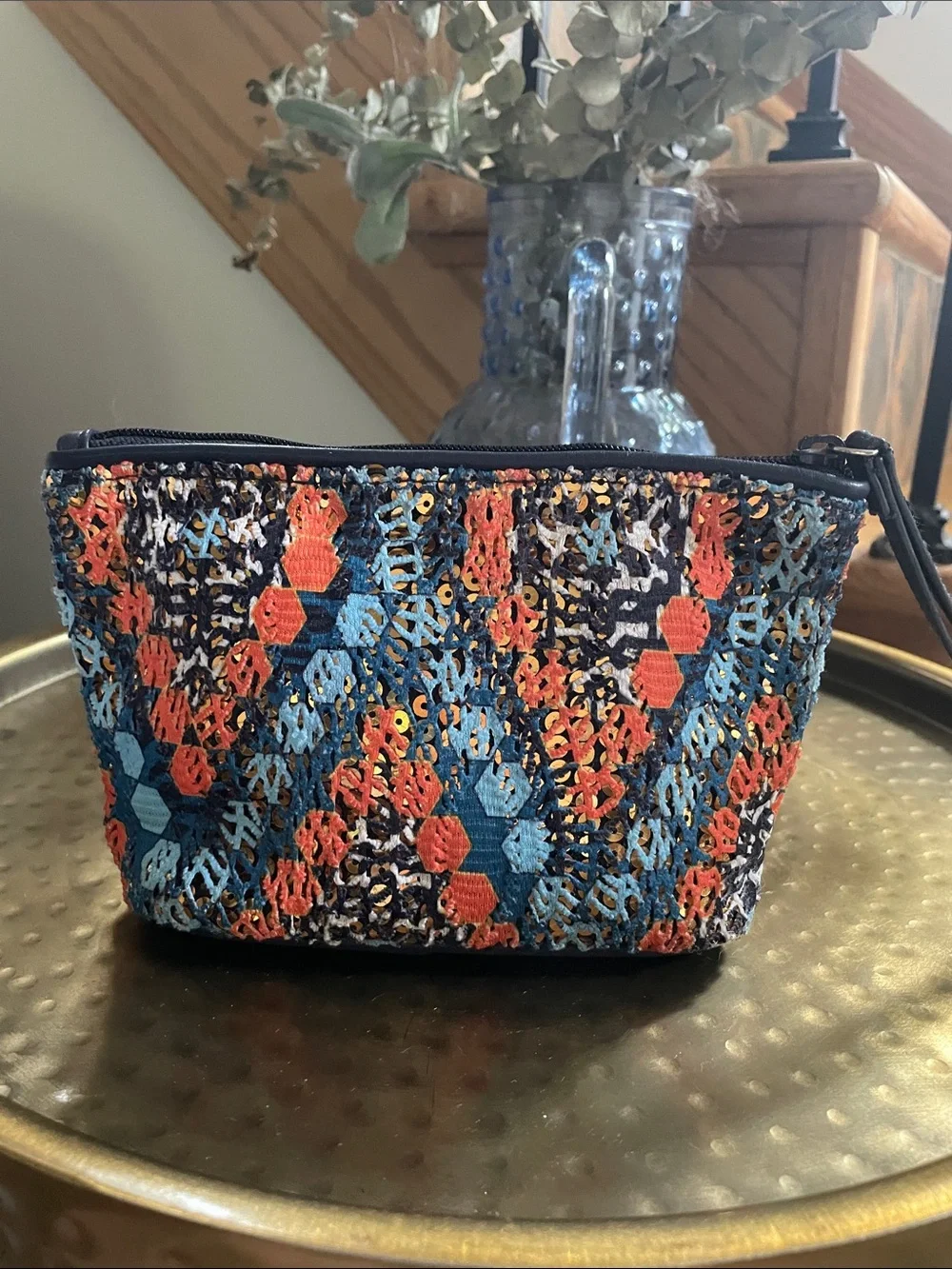 Vera Bradley Navy, Orange & Light Blue Embroidered Wristlet With Wrist Strap